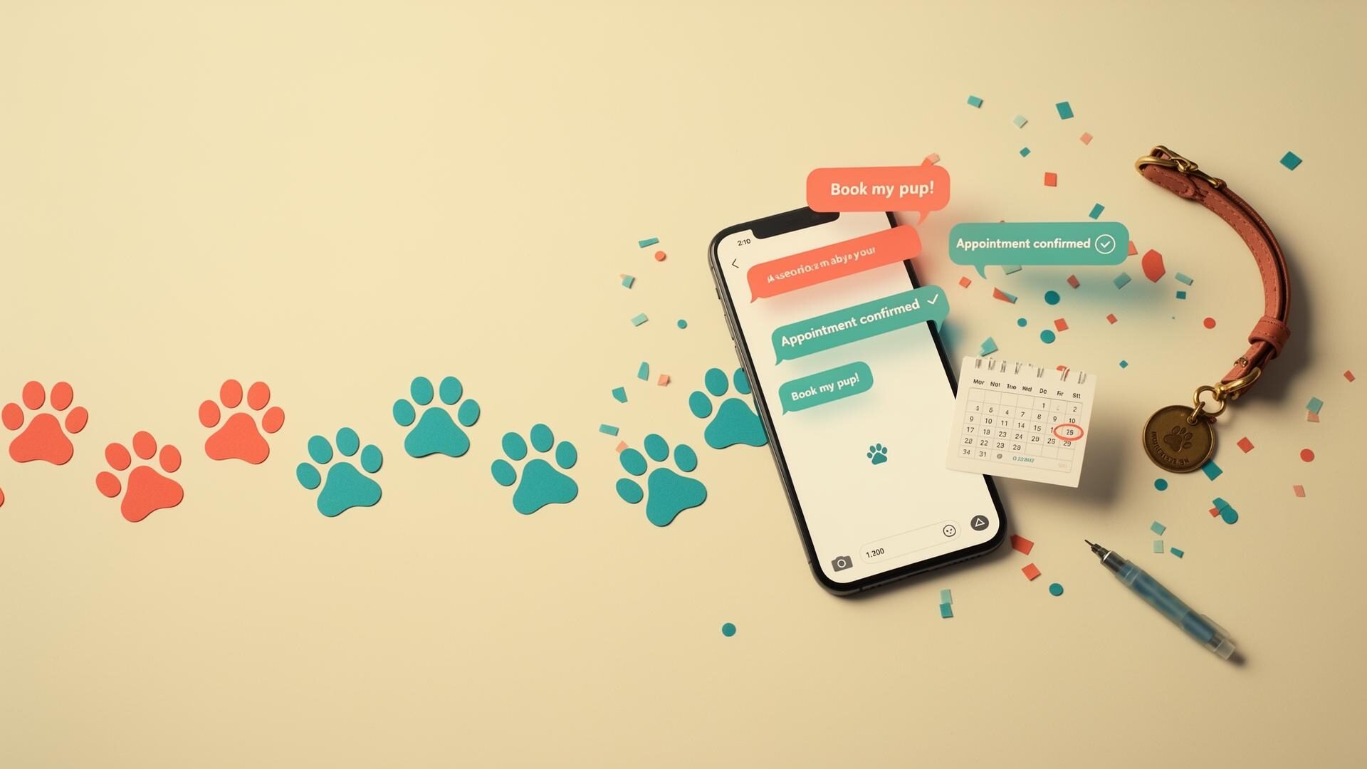 Trail of coral and teal dog paw prints leading to a smartphone with appointment confirmation messages — Book your Pawsionate Mobile Grooming appointment