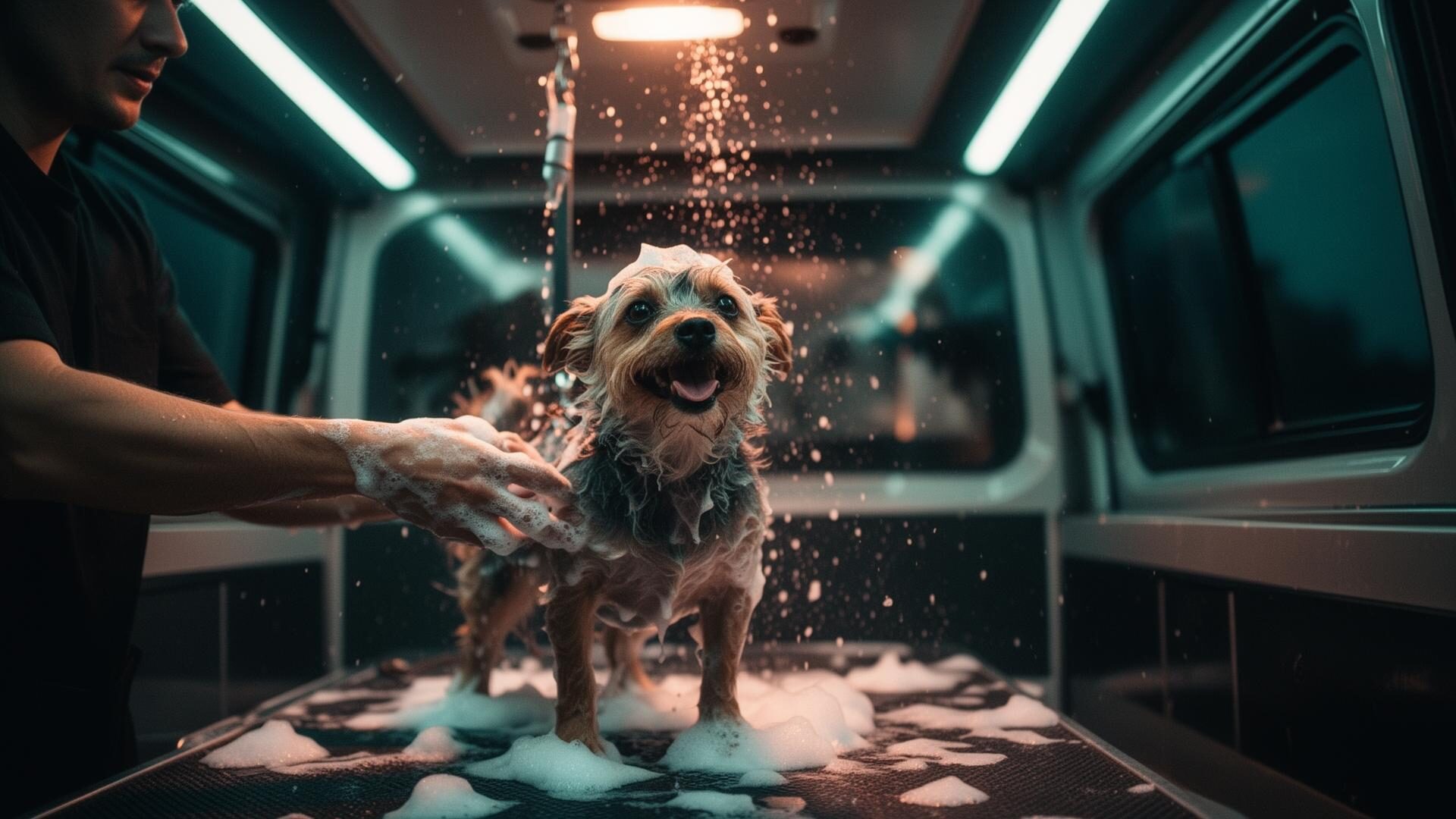 Pawsionate groomer bathing a happy small dog inside the mobile grooming van β Rockwall TX